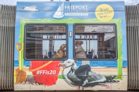 Main image for FREEPORT FLEETWOOD CELEBRATES LIVE PEEP BOARD ON BRANDED TRAM article