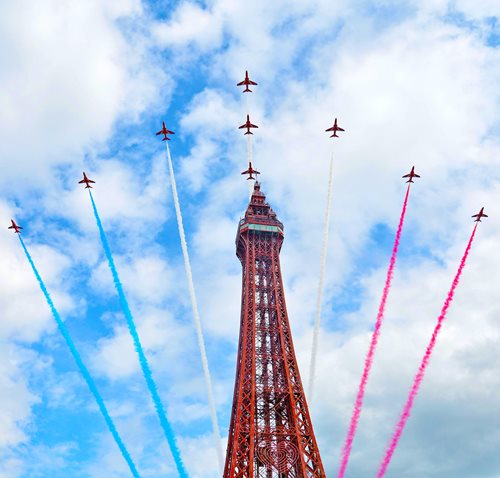 Red Arrows flying over The Blackpool Tower