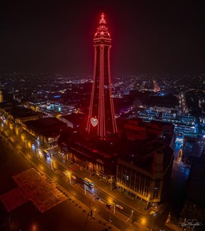 The Blackpool Tower lit in red for Valentines Day